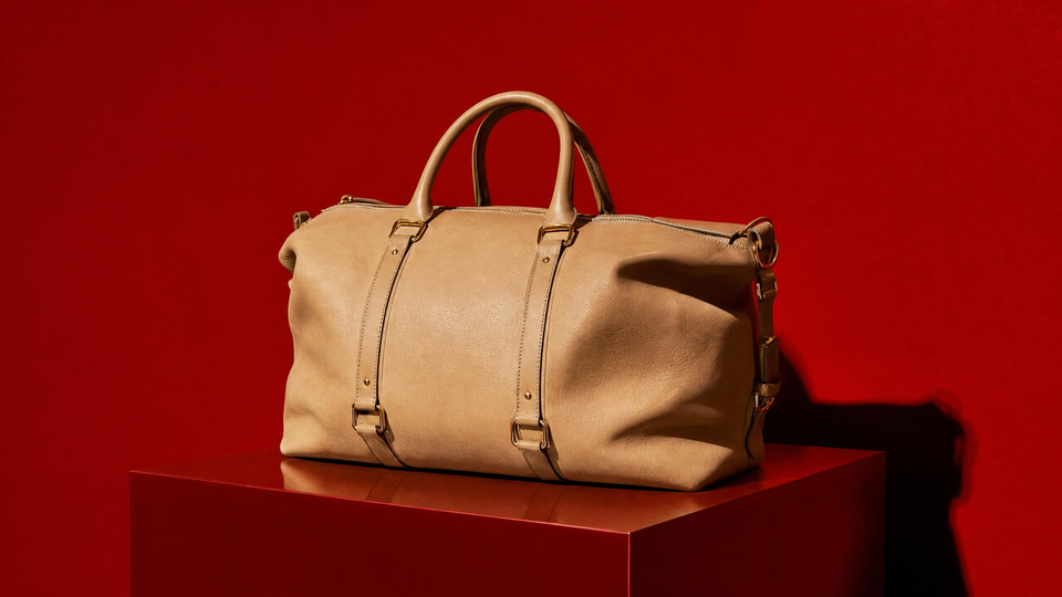 A sand-coloured leather weekend bag on a glossy cherry-red plinth against a deep red seaml