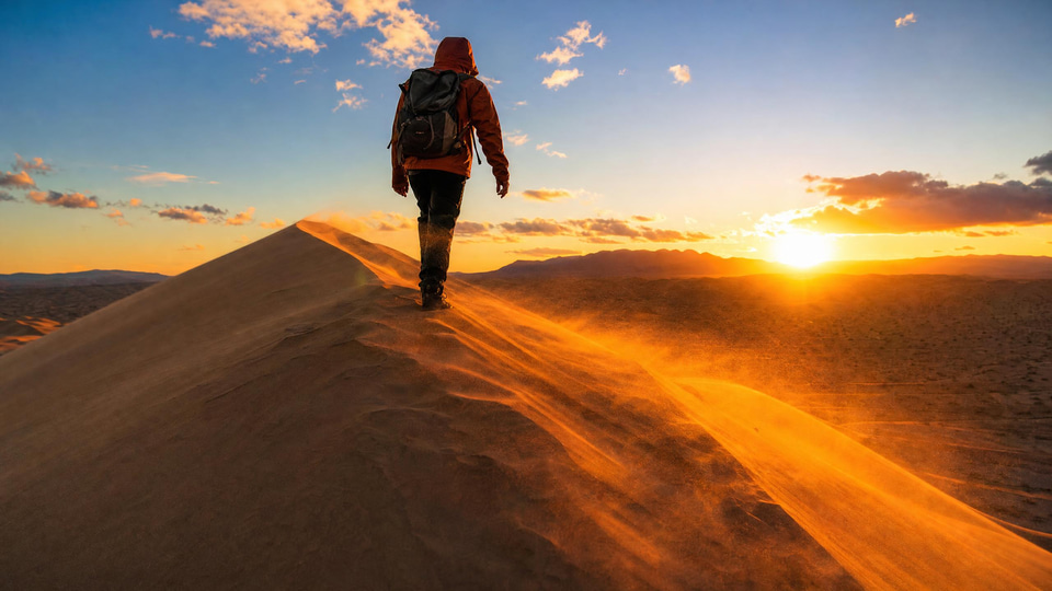 A traveler in a rust jacket crests a towering dune at sunrise