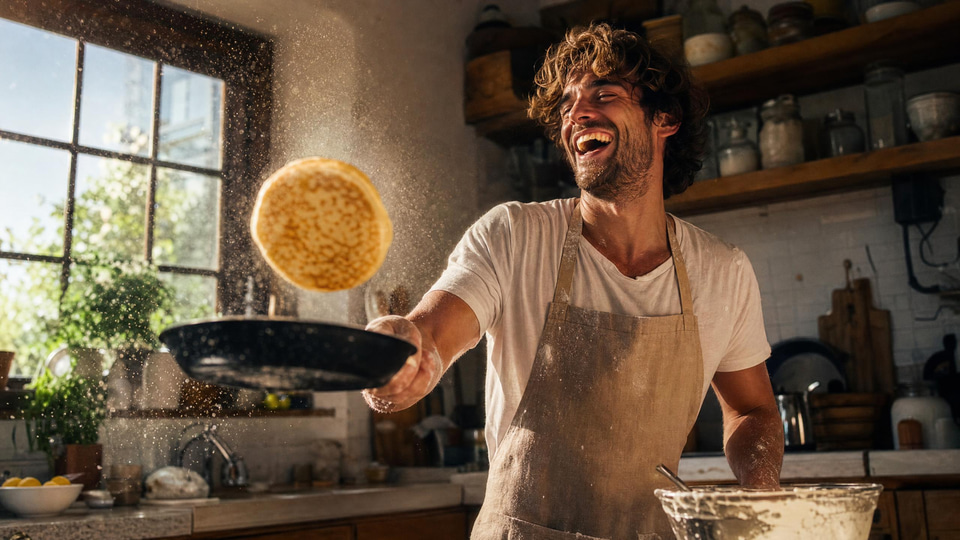 A man laughs while flipping pancakes high in a sunny home kitchen
