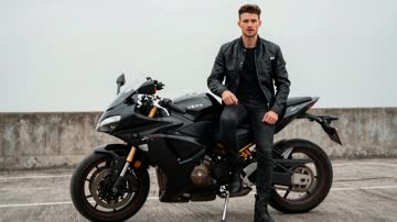 Wan 2.7 Video Edit sample: A rider beside a motorcycle, a helmet added mid-shot