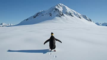 Bold Video sample: A penguin walking toward a snowy mountain peak