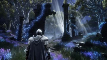 Bold Video (Image) sample: An armoured figure walking through a glowing forest