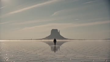 Seedance 2.0 Mini sample: A single figure crossing a cracked salt flat toward a distant mesa