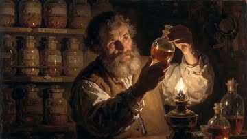 Seedance 2.0 Mini (Reference) sample: A bearded apothecary holding a flask up to a lamp