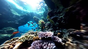 Kling 3.0 sample: A camera glides through a sunlit coral cave among tropical fish