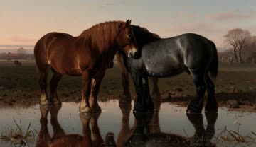 Imagera Hermes Video Gen (Image) sample: Two horses, one chestnut and one grey, stand nuzzling at the edge of a still pond at dusk, their reflections rippling as they shift their weight.