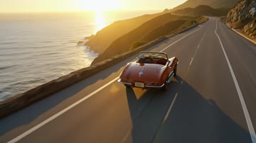 Wan 2.7 Reference sample: A vintage convertible on a coastal road at sunset