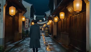 SeedVR2 Video sample: A figure walking a wet stone alley at night